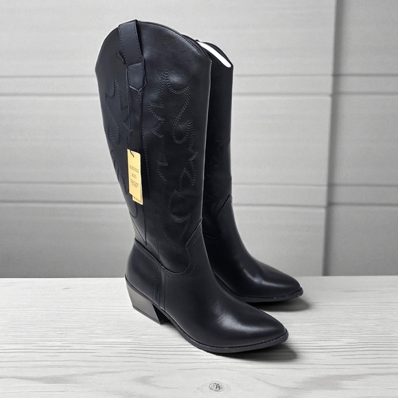 NWT Madden NYC Tall Western Cowboy Boots Black Faux Leather Pointed Toe Womens 9 - Picture 1 of 13